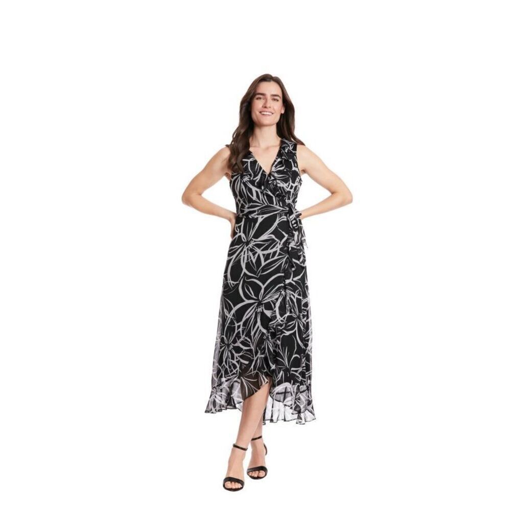 London Times Floral Side-Tie Ruffle Maxi Wrap Dress Size 14